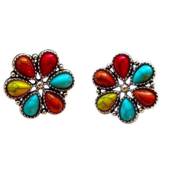 Zuni Style Cluster Studs with Classic Southwest Turquoise Tone Colorwork - Picture 8 of 8